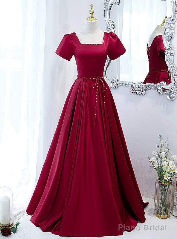 Satin Short Sleeve Square Pearls Prom Dress Main image