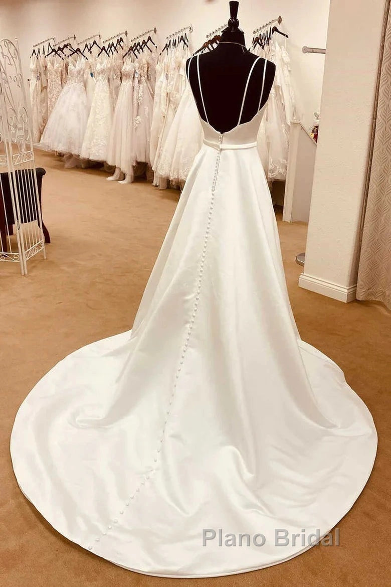 Satin Spaghetti Straps Backless Long Wedding Dresses