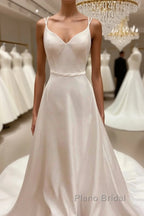 Satin Spaghetti Straps Backless Long Wedding Dresses