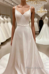 Satin Spaghetti Straps Backless Long Wedding Dresses