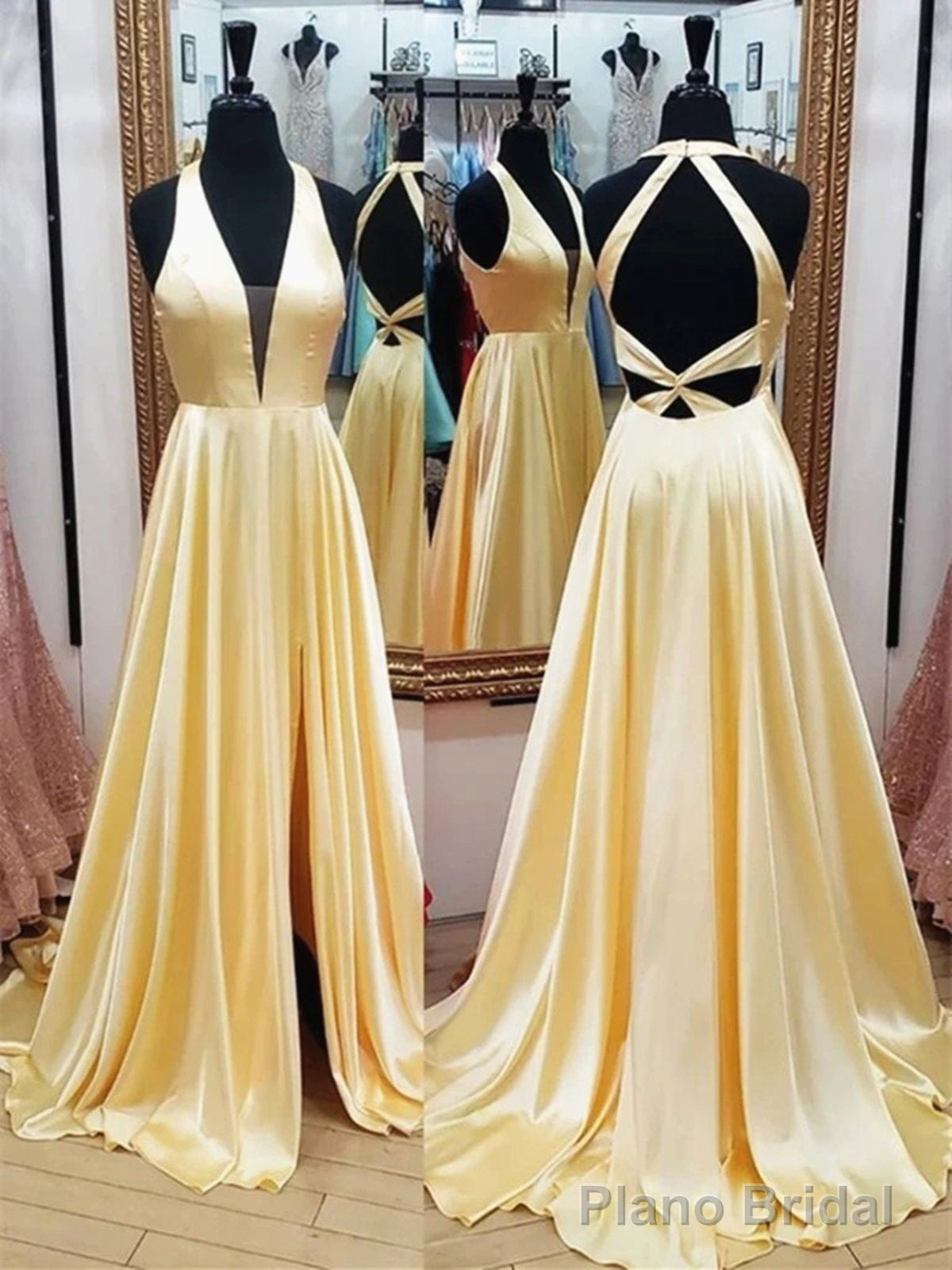 Satin Yellow Celebrity Prom Dress With Plunging V-Neckline Secondary image