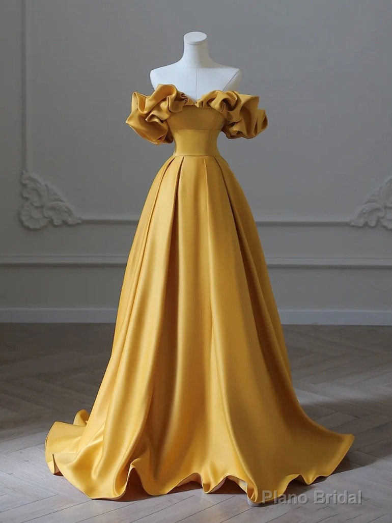 Satin Yellow Long Prom Dress, Aline Formal Yellow Graduation Party Dress Main image