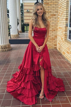 Scoop Neck A Line Lace-Up Ruffle Tiered Red Prom Dress with Slit