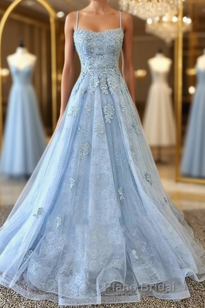 Scoop Neck Light Blue Backless Lace Formal Prom Dresses, Scoop Neck Blue Lace Formal Evening Dresses Main image