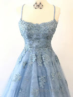 Scoop Neck Light Blue Backless Lace Formal Prom Dresses, Scoop Neck Blue Lace Formal Evening Dresses