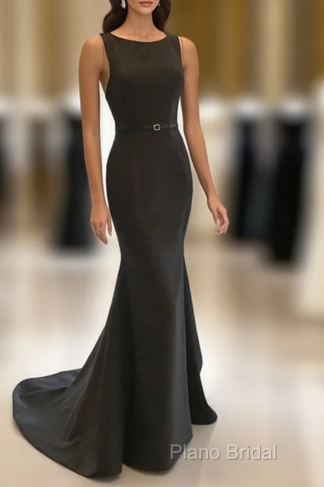 Scoop Neck Long Black Satin Mermaid Formal Dresses Main image