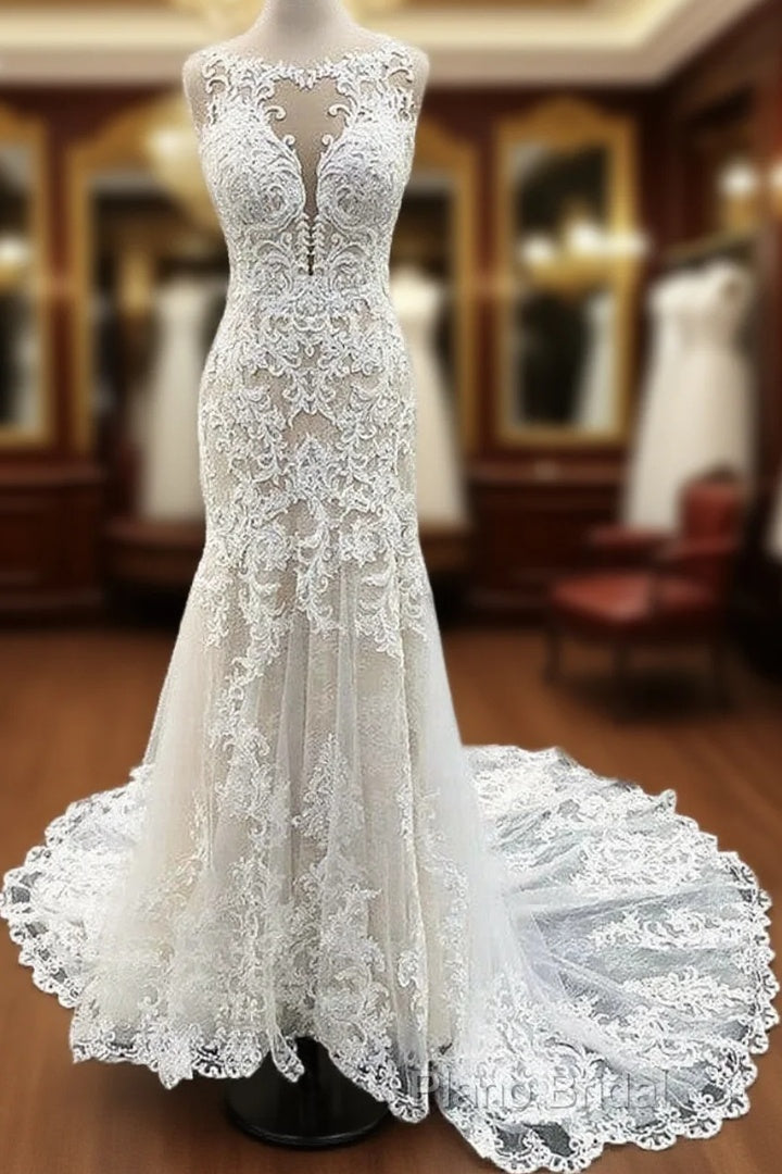 Scoop Neck Mermaid Wedding Dresses Lace Court Train Main image