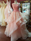 Scoop Neckline Pink Organza Prom Dresses Long with Bow Belt Party Dresses
