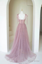 Scoop Neckline Tulle Pink Long Prom Dress, Cute A-Line Evening Party Dress