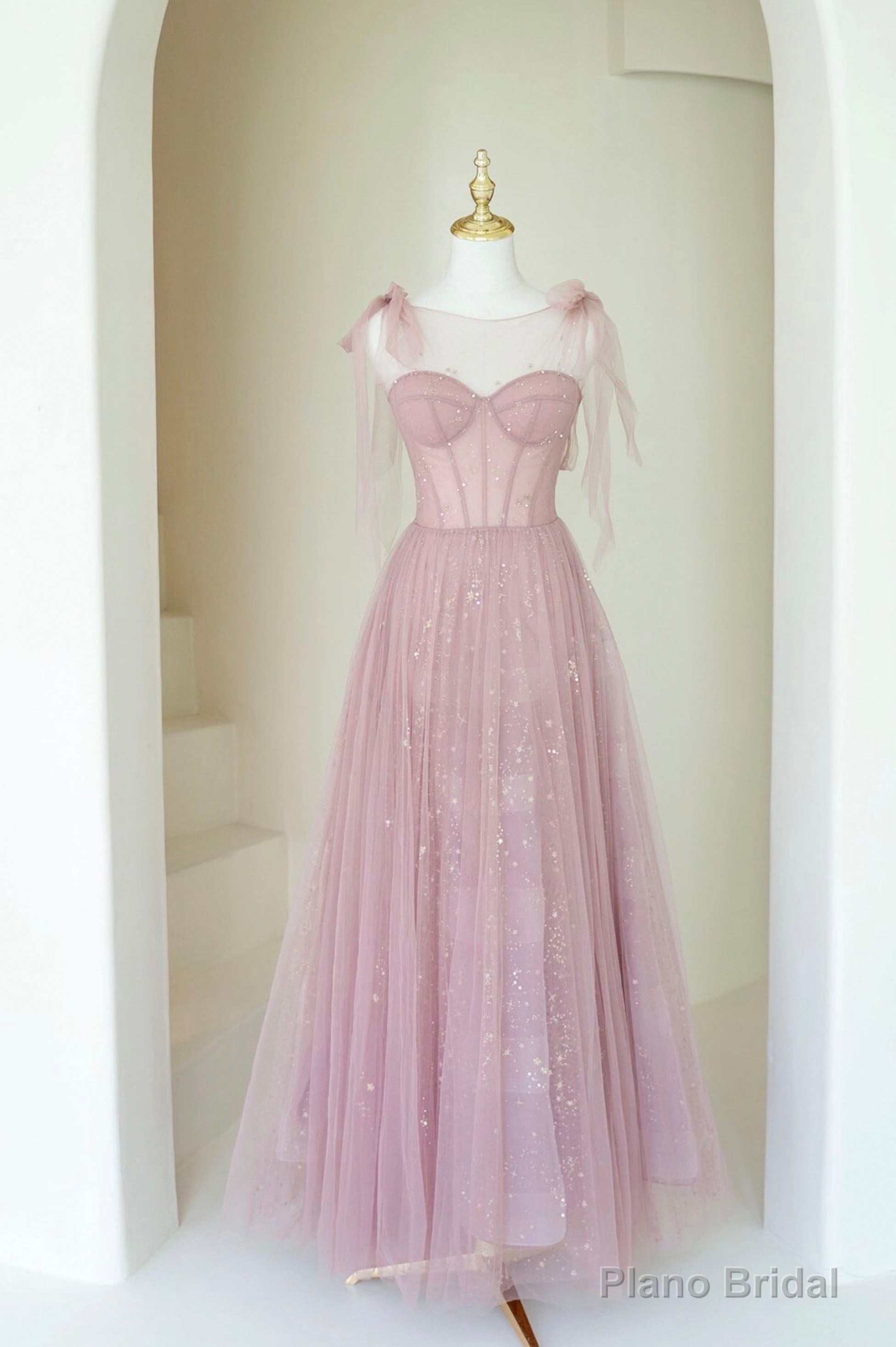 Scoop Neckline Tulle Pink Long Prom Dress, Cute A-Line Evening Party Dress Main image