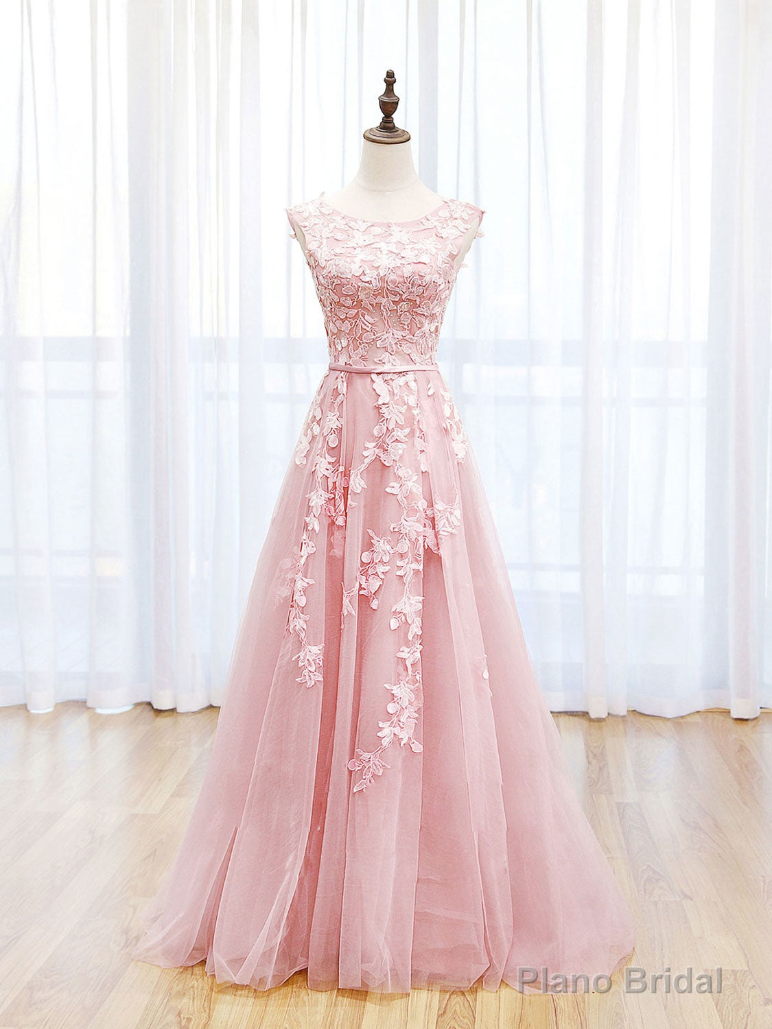 Scoop Neckline Tulle Pink Long Prom Dress, Pink Backless Evening Dresses Main image