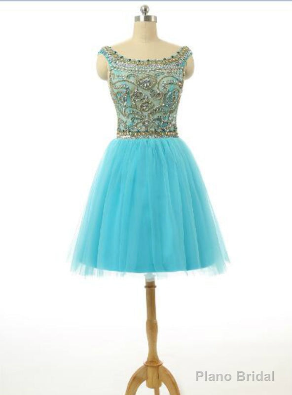 Scoop Top Beaded Blue Knee Length Cocktail Dresses Main image