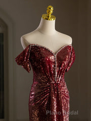 Simple Off Shoulder Sequin Burgundy Long Formal Prom Dress, Burgundy Long Evening Dress
