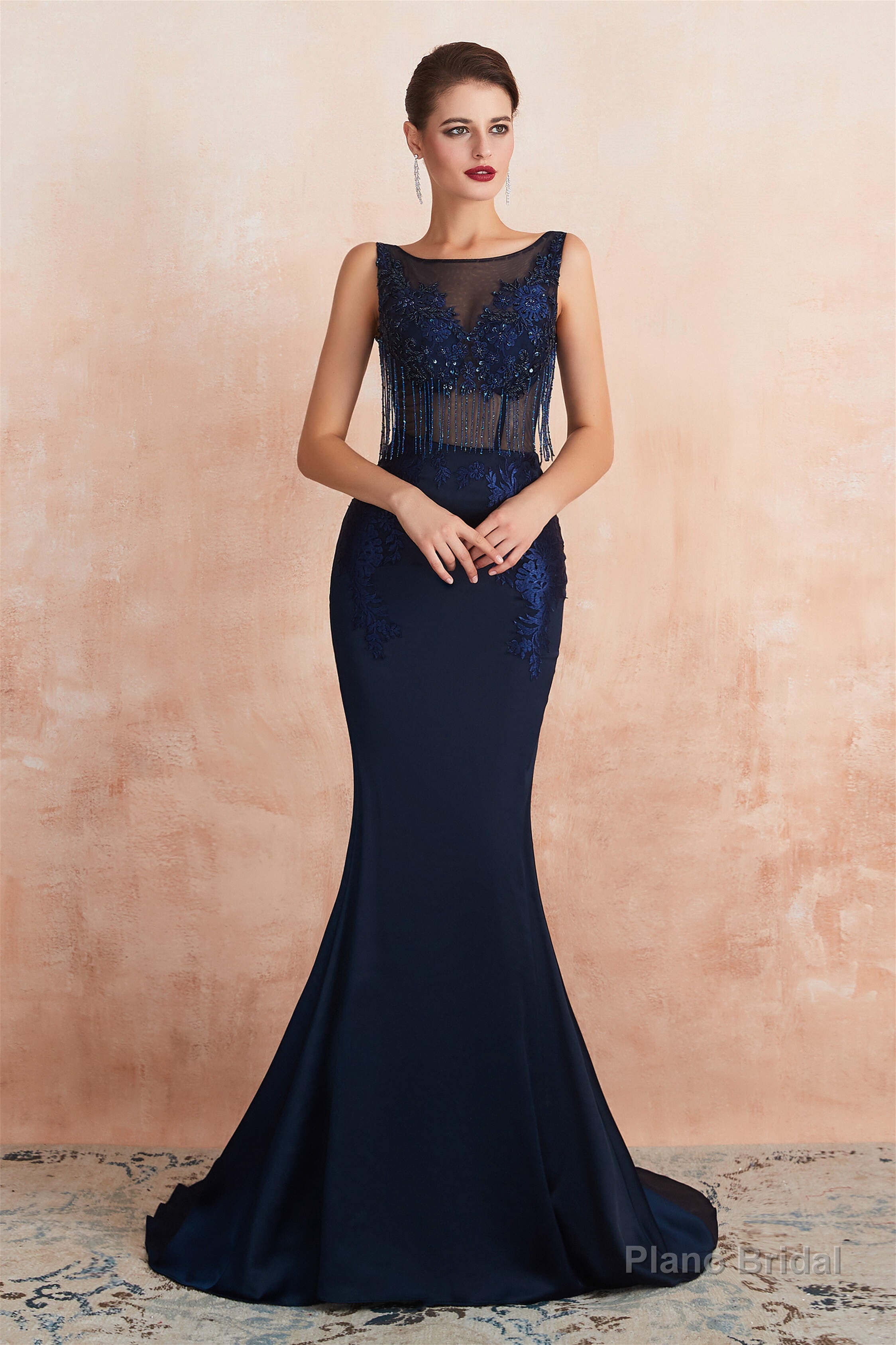 See-Through Tassel Mermaid Beaded Navy Blue Prom Dresses Secondary image