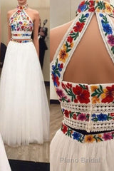 Two Piece High Neck Long Formal Prom Dresses with Appliques, Unique Sleeveless Party Dresses