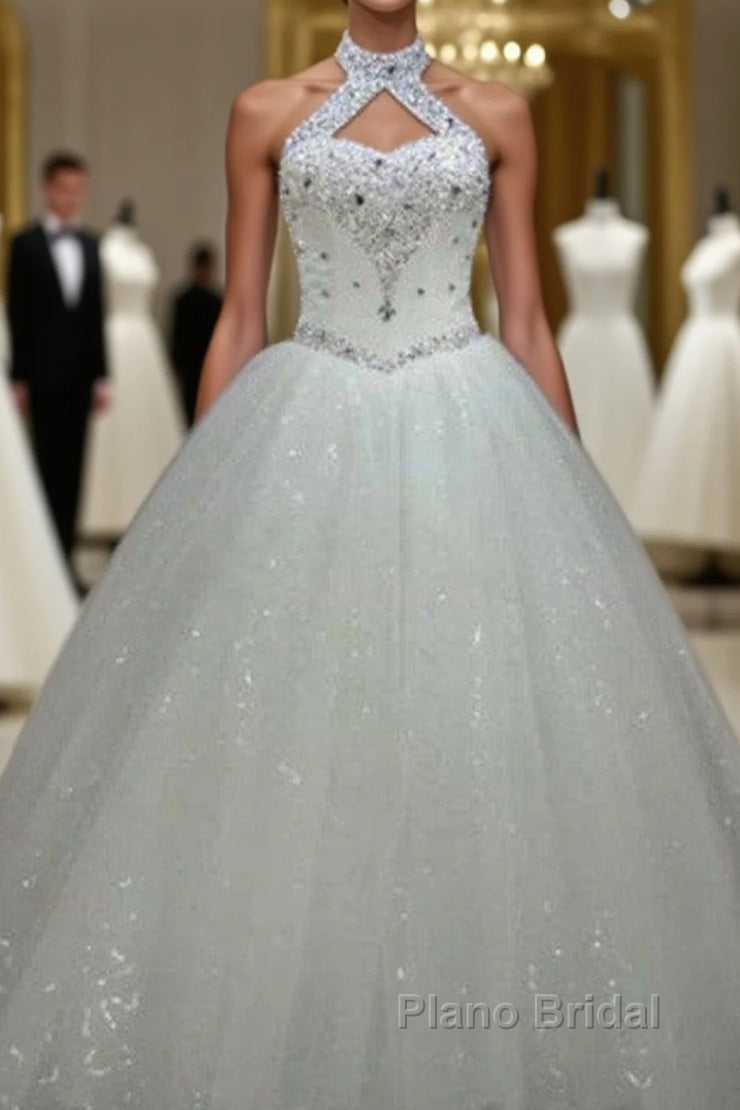 Sequin Ball Gown Sleeveless Floor Length Beading Tulle Halter Wedding Dresses