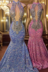 Sequin Mermaid Pink High Neck Crystals Formal Prom Dresses