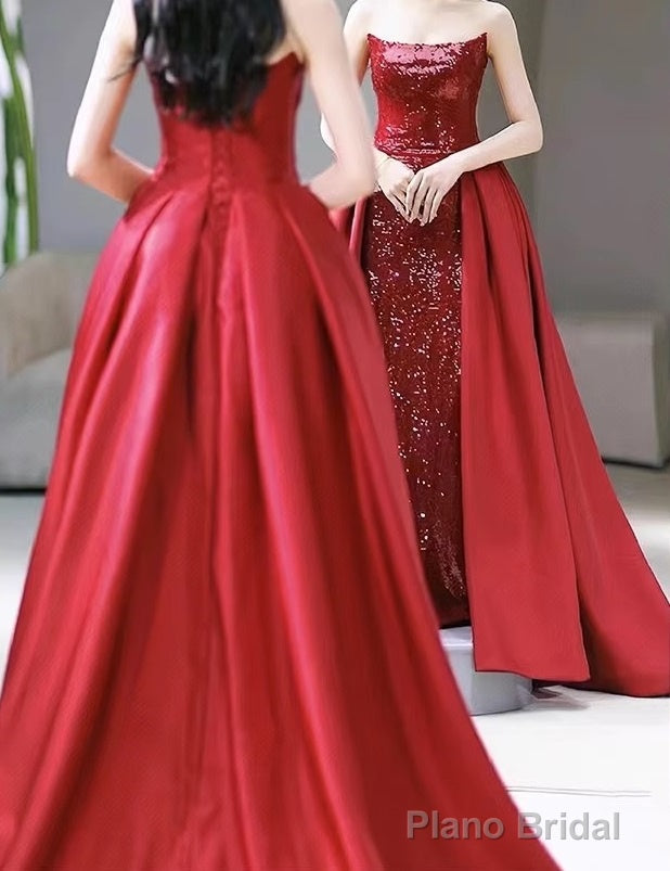 Sequin Mermaid Strapless Sleeveless Party Dress Red Long Prom Dresses