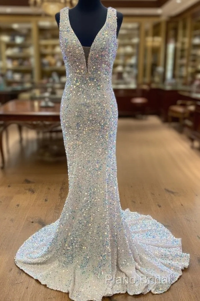 Sequin White Iridescent Formal Dresses Cheap V Neck Sleeveless Formal Prom Dresses Uk