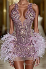 Sequined Mermaid Jewel Jersey Beading Sleeveless Mini Rhinestone Party Dress With Feather