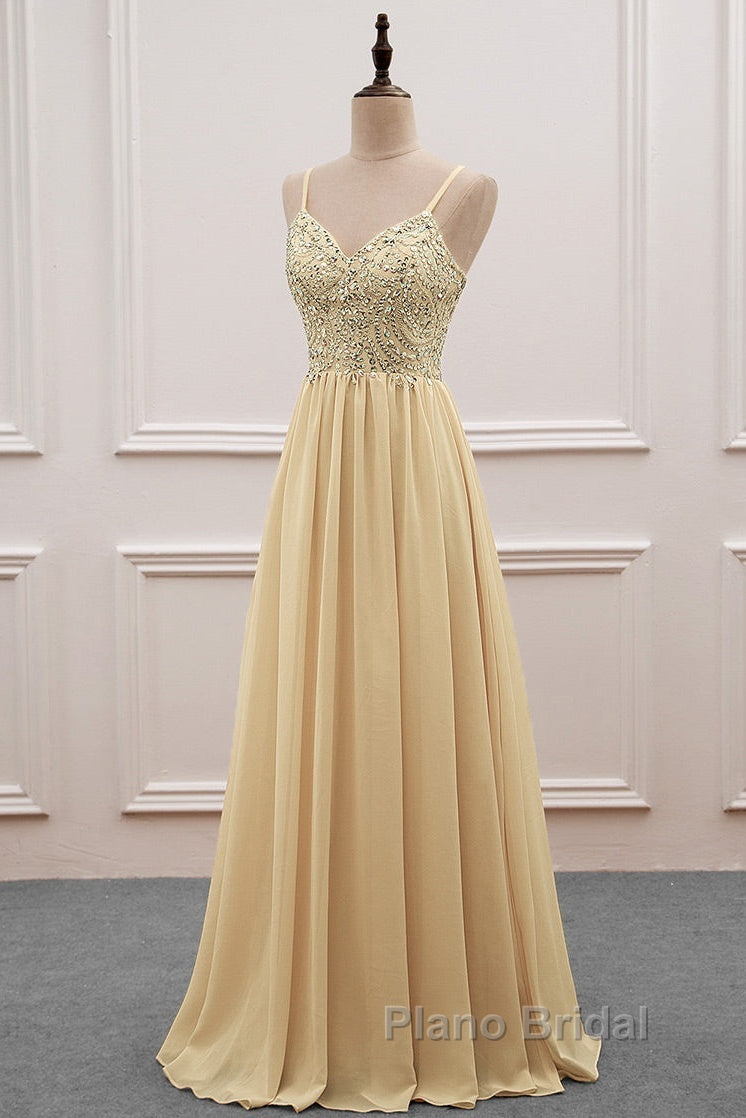 Sequined  Spaghetti Straps Chiffon Long Formal Prom Dresses