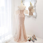 Sequins And Tulle Mermaid Long Party Dresses Formal Prom Dresses, Off Shoulder Formal Dresses