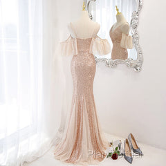 Sequins And Tulle Mermaid Long Party Dresses Formal Prom Dresses, Off Shoulder Formal Dresses