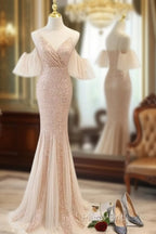 Sequins And Tulle Mermaid Long Party Dresses Formal Prom Dresses, Off Shoulder Formal Dresses