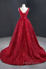 Sequins Asymmetrical Red Evening Dresses Sleeveless Deep-V Formal Prom Formal Dresses