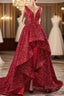 Sequins Asymmetrical Red Evening Dresses Sleeveless Deep-V Formal Prom Formal Dresses