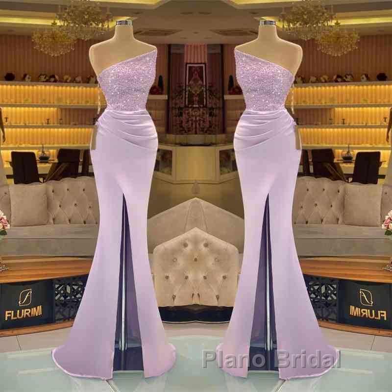 Sequins Formal Dresses Light Purple Mermaid Formal Prom Dresses Long Slit Strapless