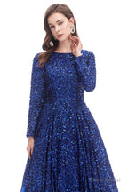 Sequins Long Sleeve Feather A-line Floor Length Prom Dresses