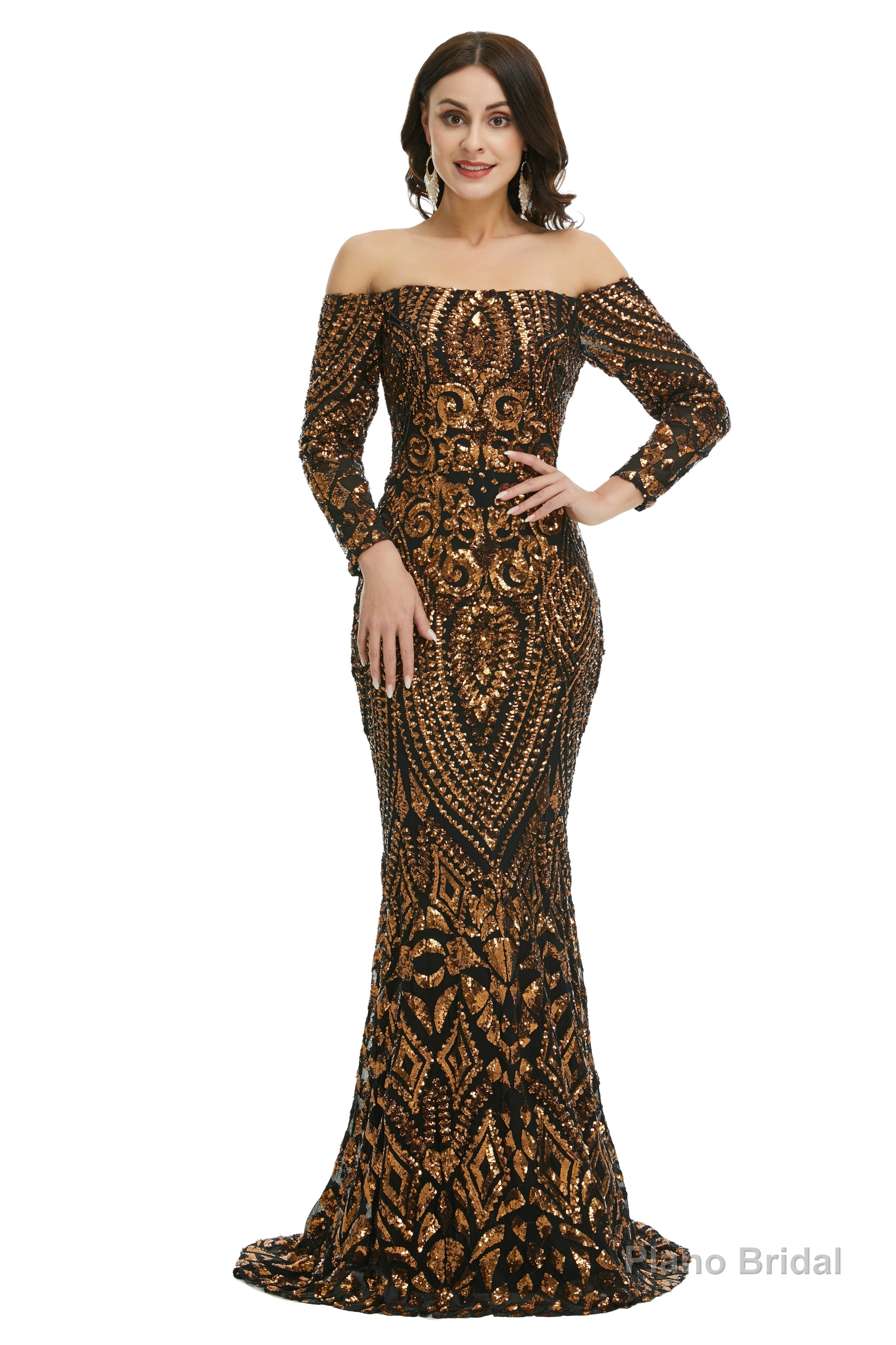 Sequins Mermaid Long Sleeves Off the Shoulder Evening Dresses