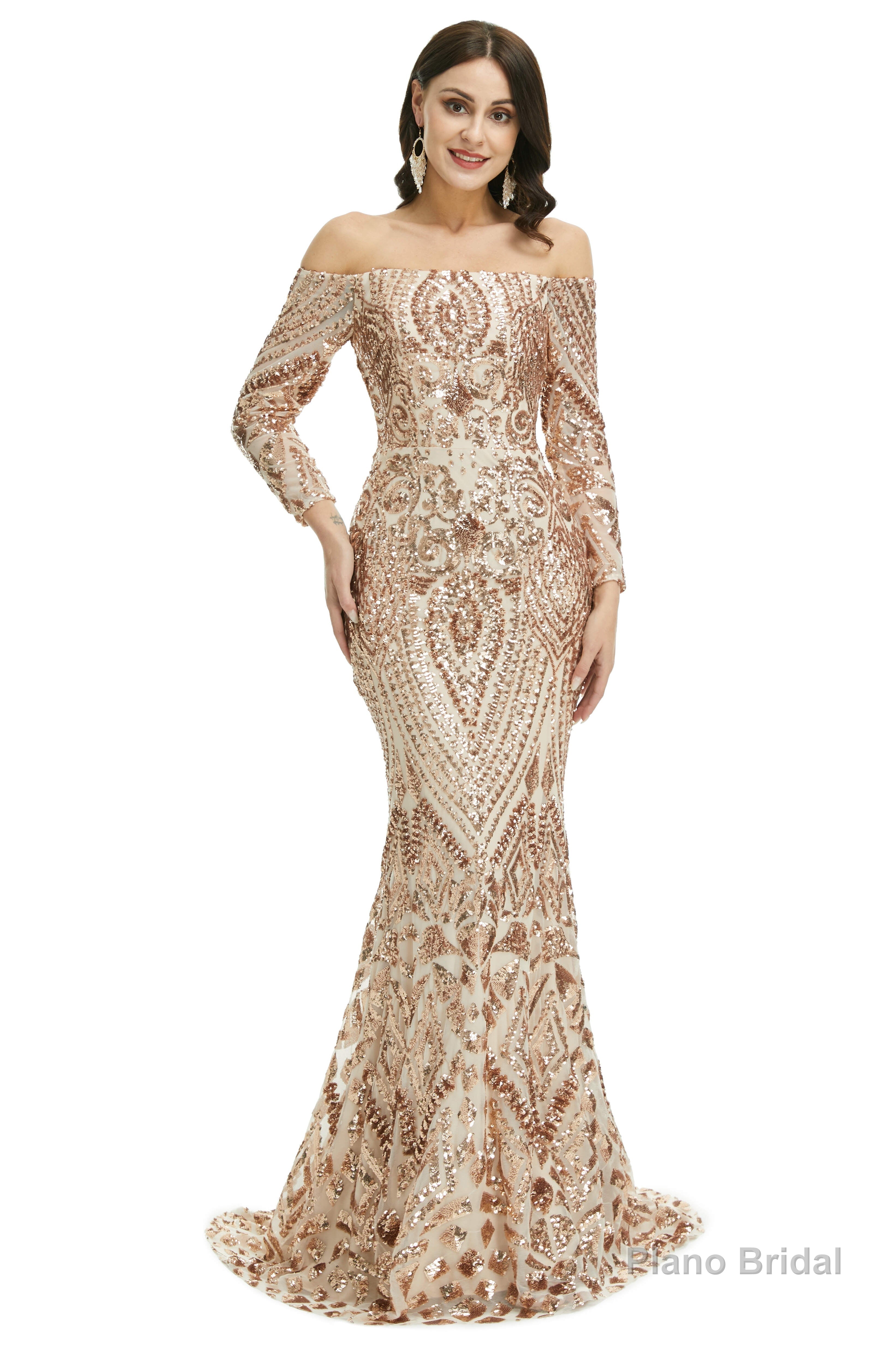 Sequins Mermaid Long Sleeves Off the Shoulder Evening Dresses