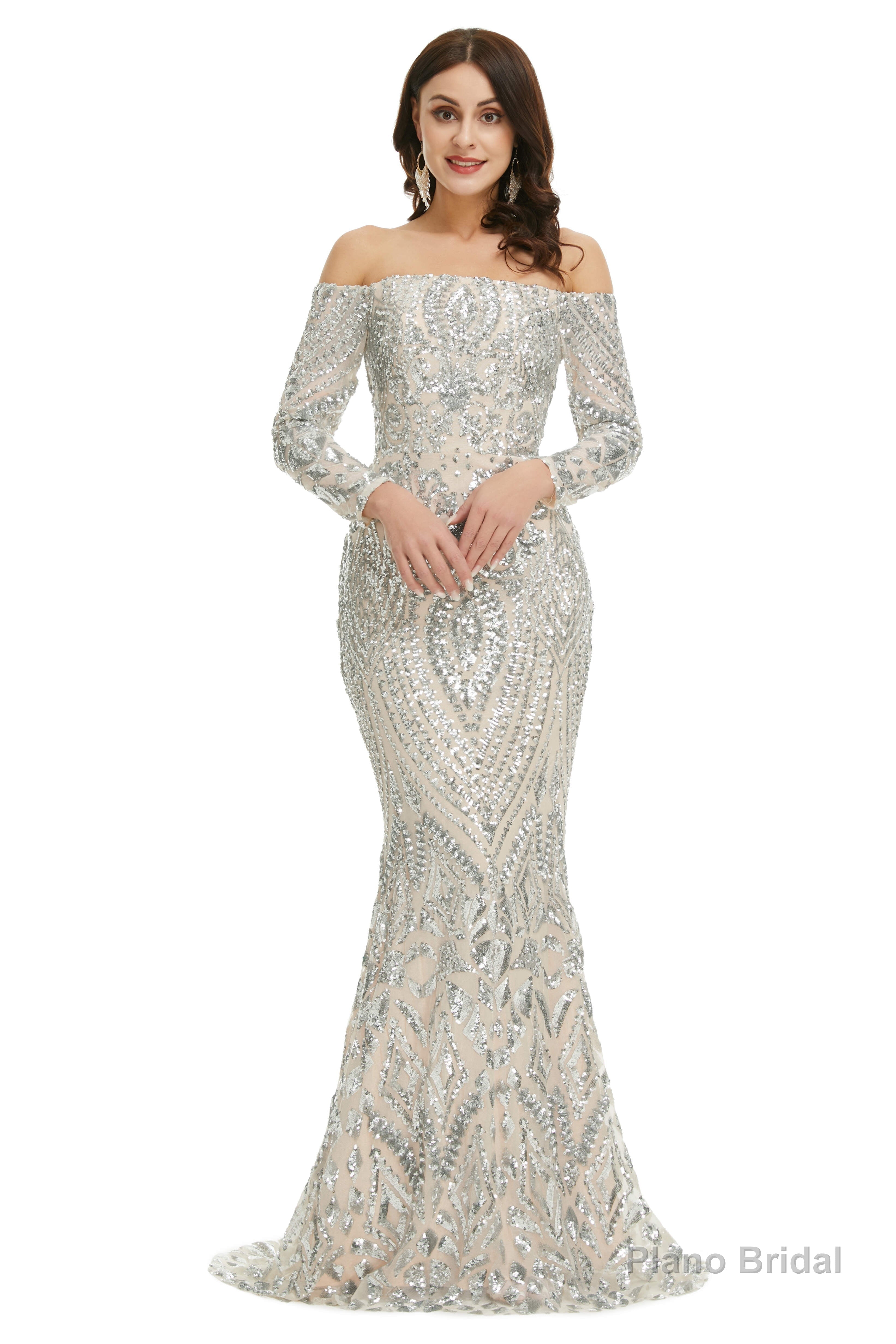 Sequins Mermaid Long Sleeves Off the Shoulder Evening Dresses
