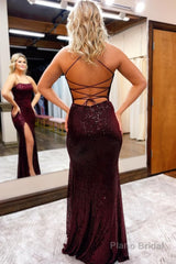 Sequins Spaghetti Straps Sheath Burgundy Prom Dress with Slit