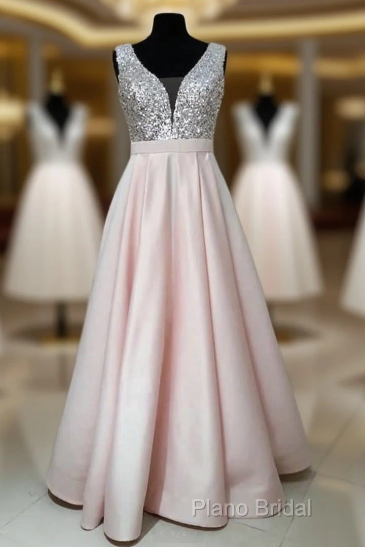 Sequins V-Neck Floor Length Satin Formal Prom Dresses Main image