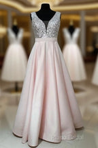 Sequins V-Neck Floor Length Satin Formal Prom Dresses