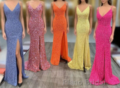 Mermaid Yellow Sequins Long Formal Prom Dresses with Slit