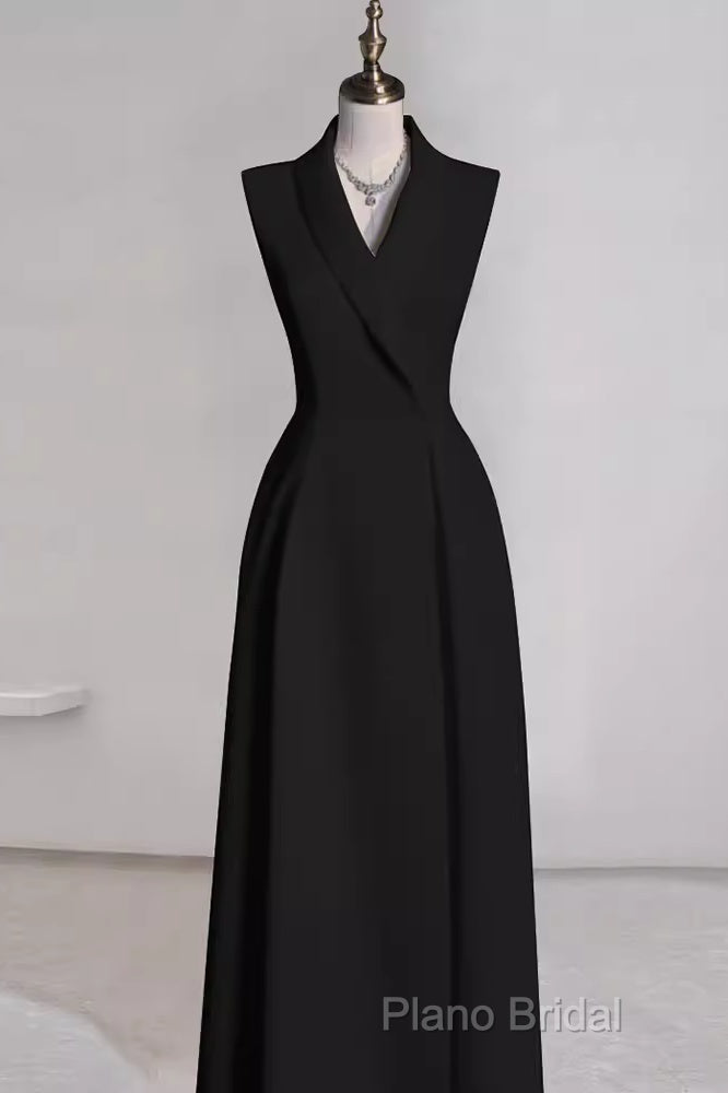 Sexy A Line Black Satin Party Dresses Long Formal Prom Dresses