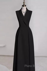 Sexy A Line Black Satin Party Dresses Long Formal Prom Dresses