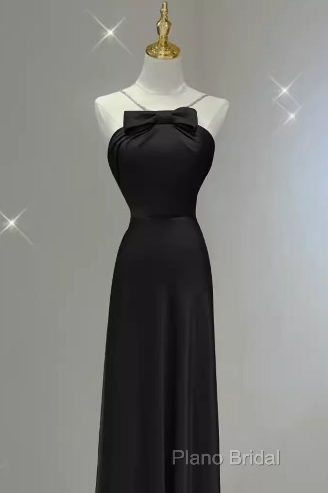 Sexy A Line Halter Long Black Satin Formal Prom Dresses