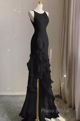 Sexy A Line Long Senior Chiffon Black Formal Prom Dresses Formal Dresses