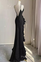 Sexy A Line Long Senior Chiffon Black Formal Prom Dresses Formal Dresses