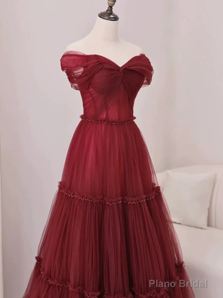 Sexy A Line Off The Shoulder Burgundy Tulle Floor Length Evening Dress Prom Dresses Secondary image