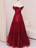 Sexy A Line Off The Shoulder Burgundy Tulle Floor Length Evening Dress Prom Dresses