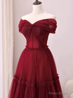 Sexy A Line Off The Shoulder Burgundy Tulle Floor Length Evening Dress Prom Dresses