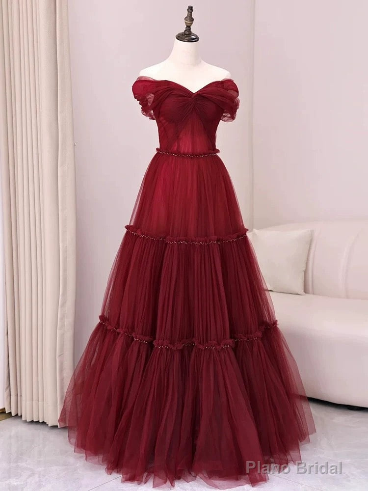 Sexy A Line Off The Shoulder Burgundy Tulle Floor Length Evening Dress Prom Dresses Main image