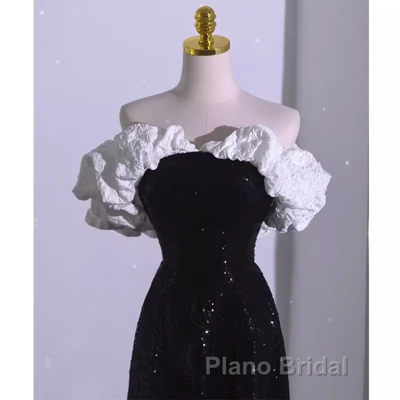 Sexy A Line Off The Shoulder Long Black Sequin Formal Prom Dresses Secondary image