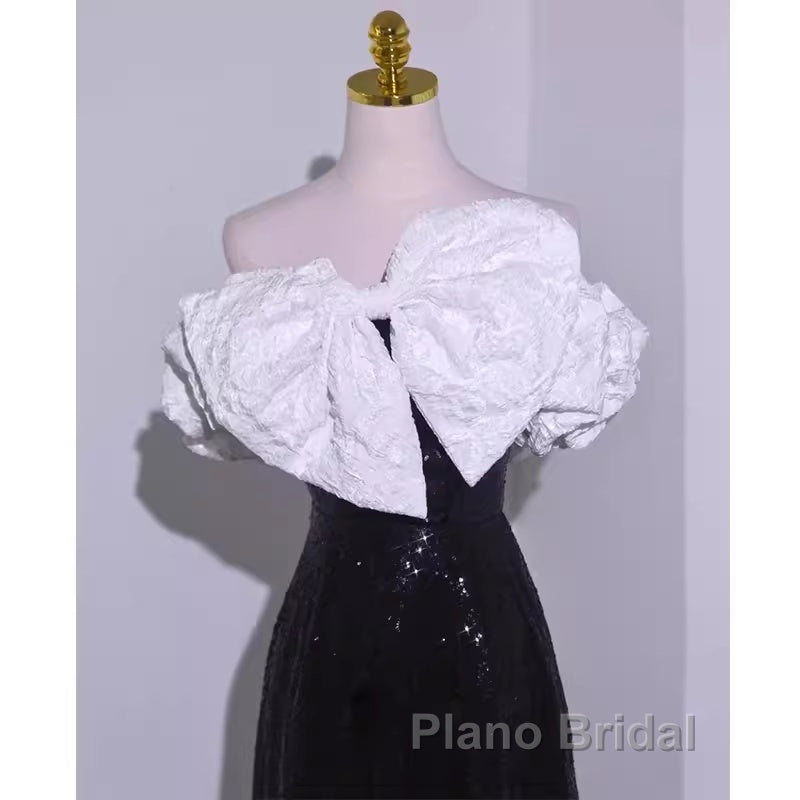 Sexy A Line Off The Shoulder Long Black Sequin Formal Prom Dresses